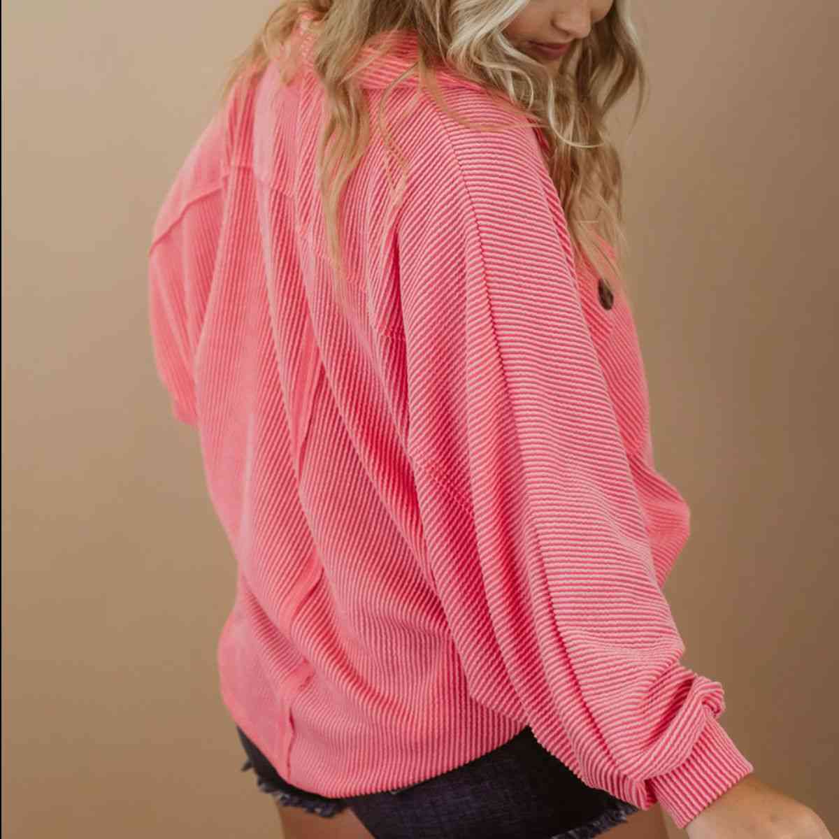 Plus-Size Collared Neck Half Button Top (7501319012440)
