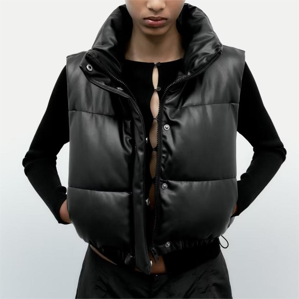 Stand-Collar Faux Leather Cotton Vest Jacket