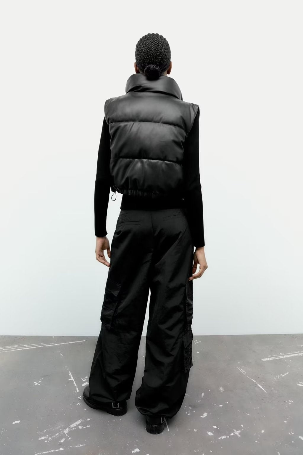Stand-Collar Faux Leather Cotton Vest Jacket