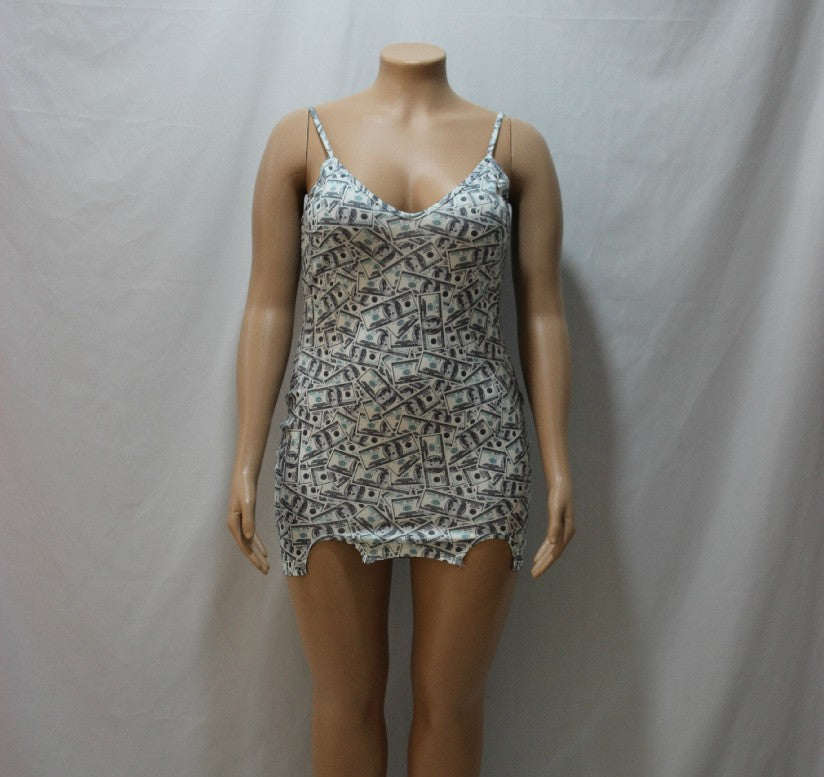 Plus-Size Deep V-Plunge Money Print Slip Dress (7516662923352)