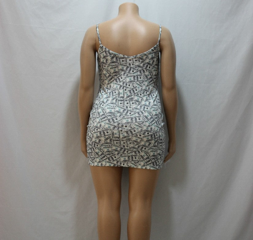 Plus-Size Deep V-Plunge Money Print Slip Dress (7516662923352)