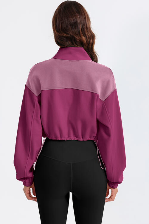 With Drawstrings - Contrast Drawstring Zip-Up Jacket (7484295970904)