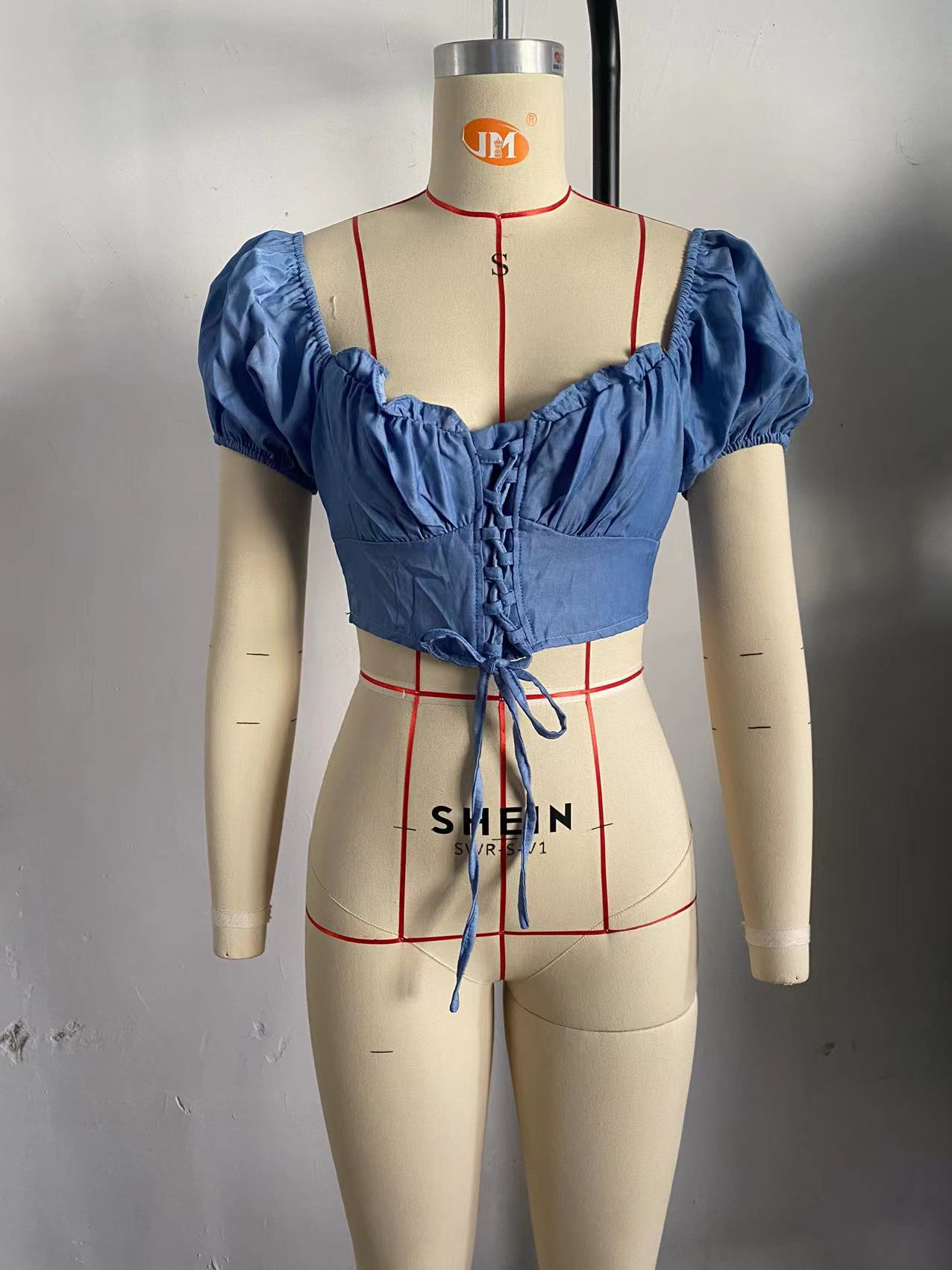 Denim Crop - Bubble Sleeves Lace-Up Denim Crop-Top (7519157518424)