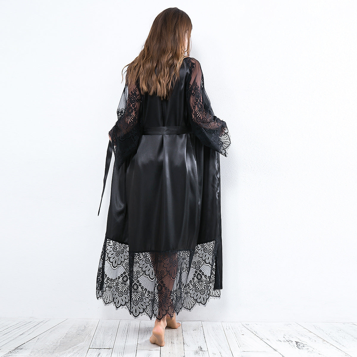 Hollow-Out Cut-Out Satin Lace Long Sleeves Nightgown Bathrobe