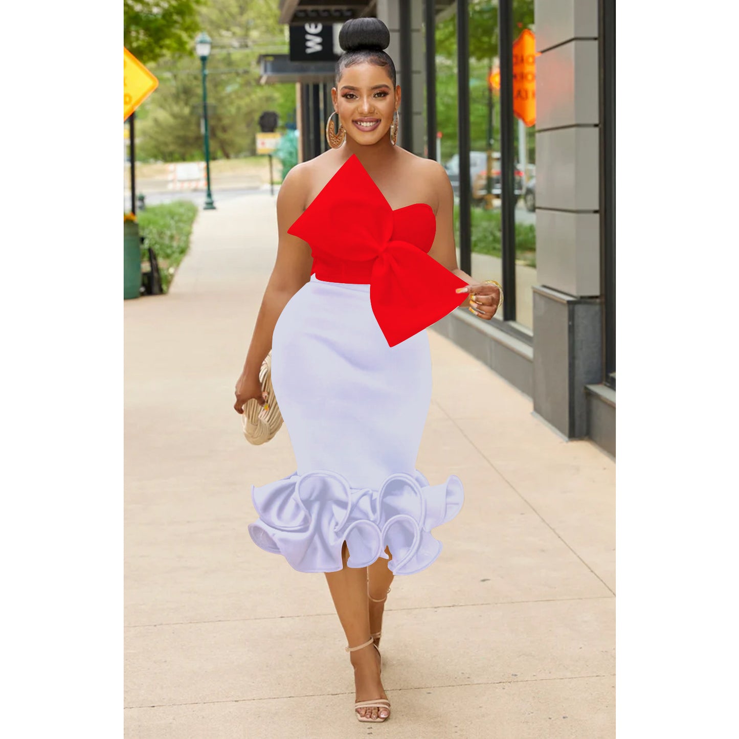 Sleeveless Bow Tube-Top & 3D Hip Skirt Two-Piece Set (7524278042712)