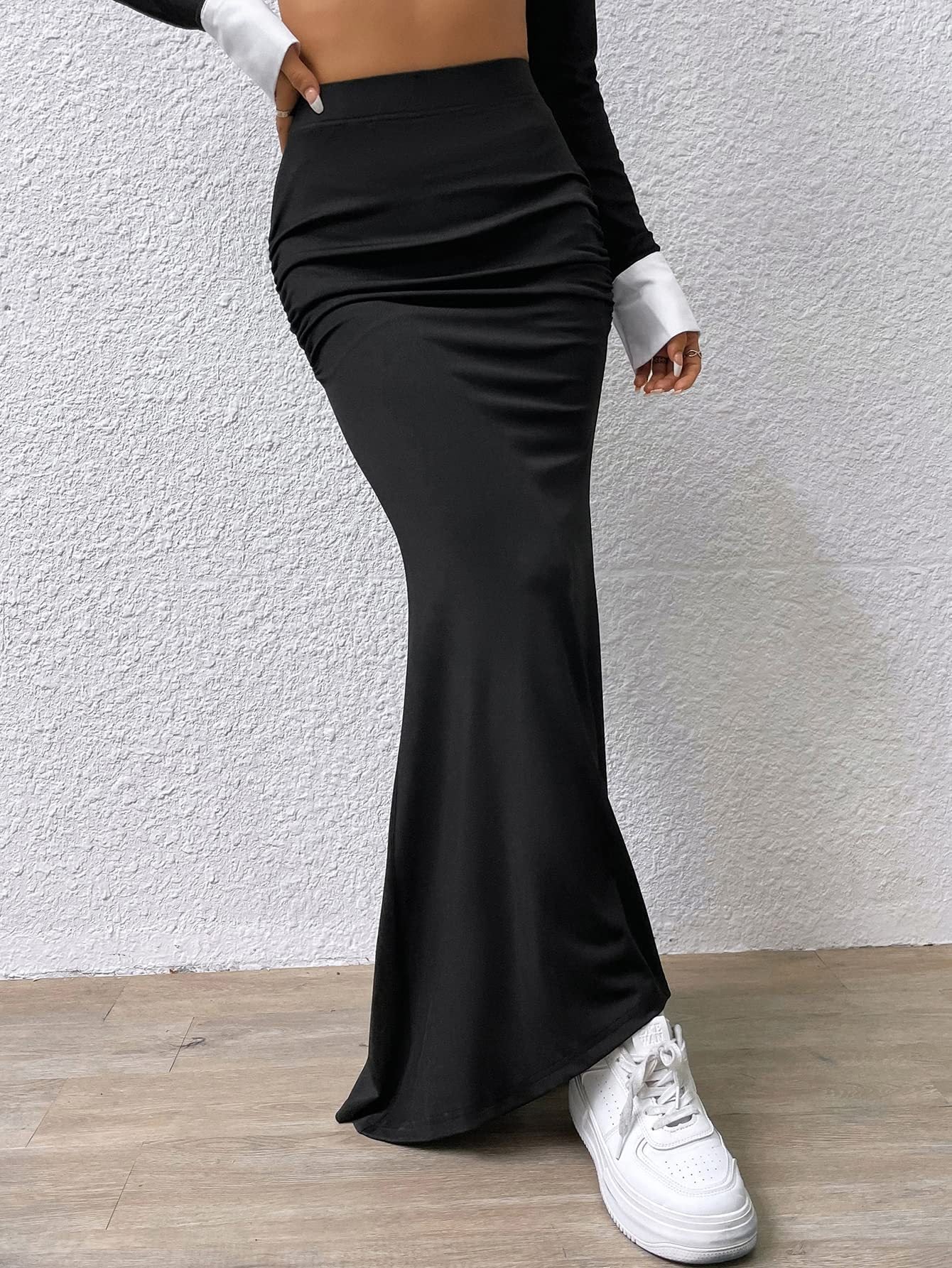 Black/Brown Solid Color Knitted Fishtail Skirt