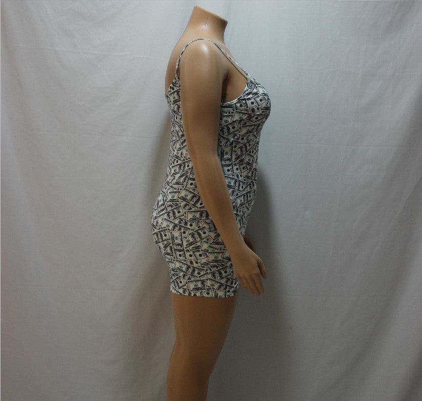 Plus-Size Deep V-Plunge Money Print Slip Dress (7516662923352)