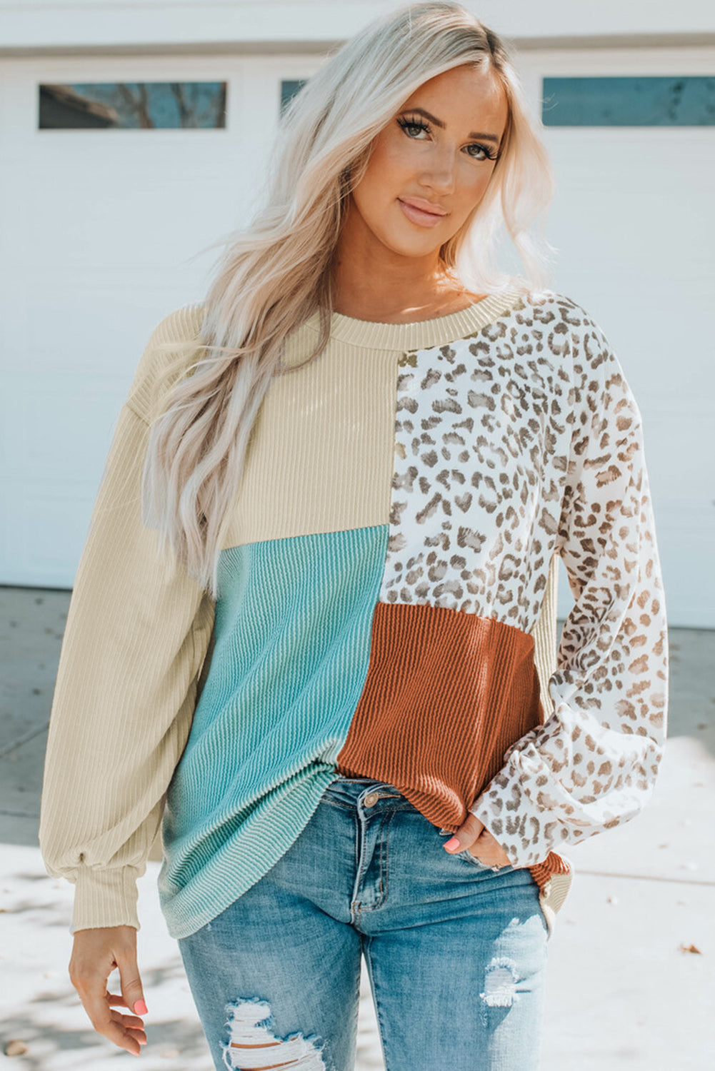 Leopard Block - Contrast Color Leopard Print Round Neck Long Sleeves Sweater Blouse (7517820813400)