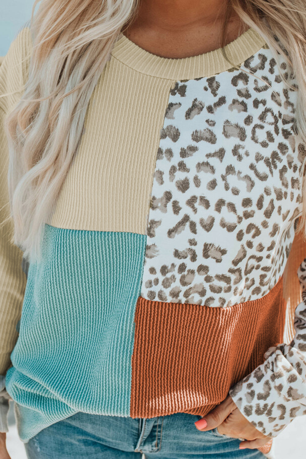 Leopard Block - Contrast Color Leopard Print Round Neck Long Sleeves Sweater Blouse (7517820813400)
