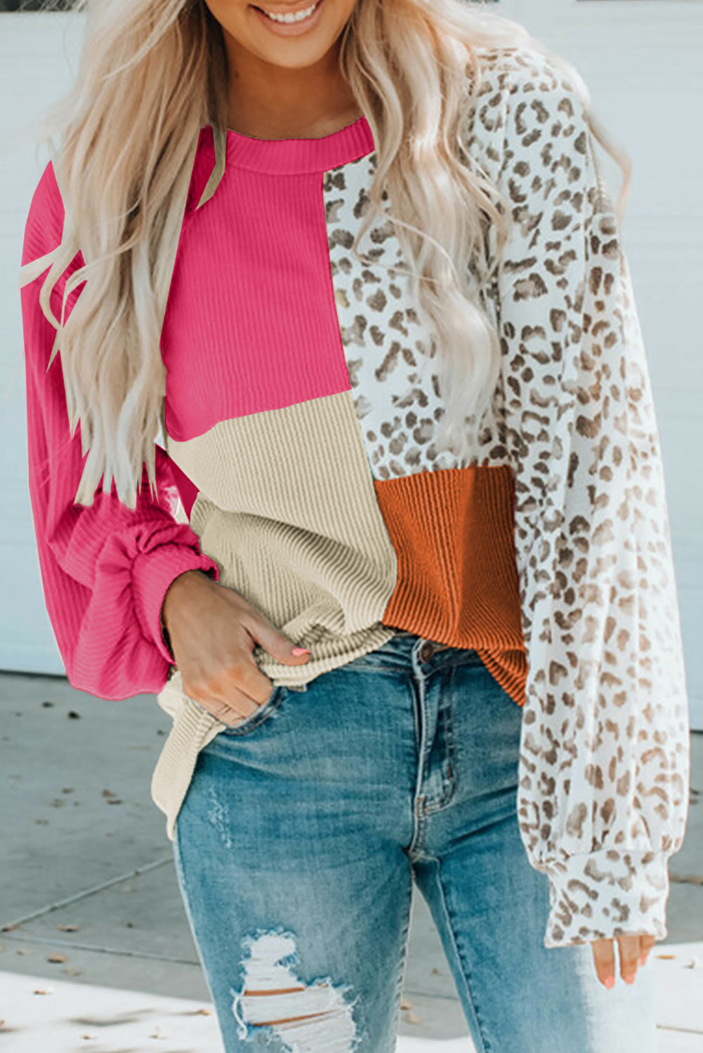 Leopard Block - Contrast Color Leopard Print Round Neck Long Sleeves Sweater Blouse (7517820813400)