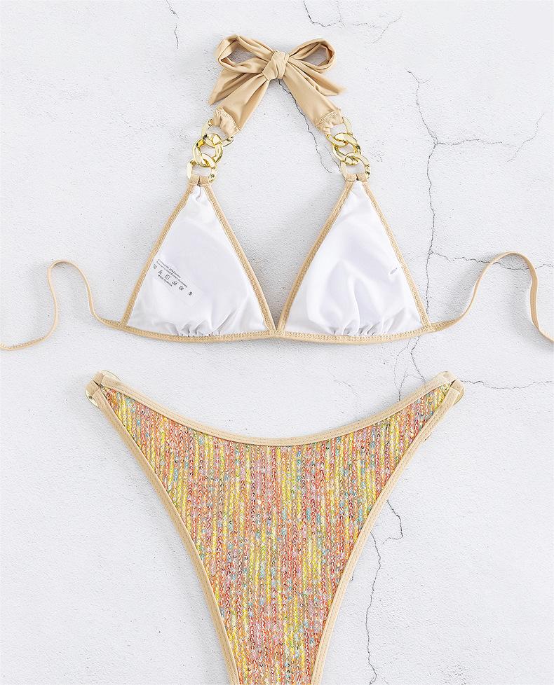Sequined Lace-Up Chain - Gold Bikini Swimset (7516561997912)