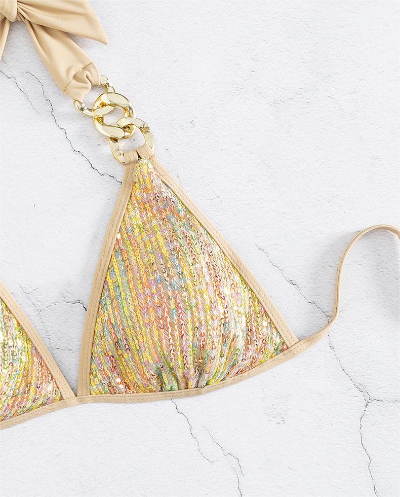 Sequined Lace-Up Chain - Gold Bikini Swimset (7516561997912)