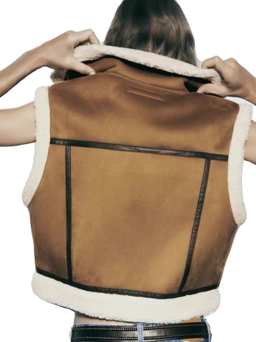 Faux Shearling Polo Collar Jacket Vest