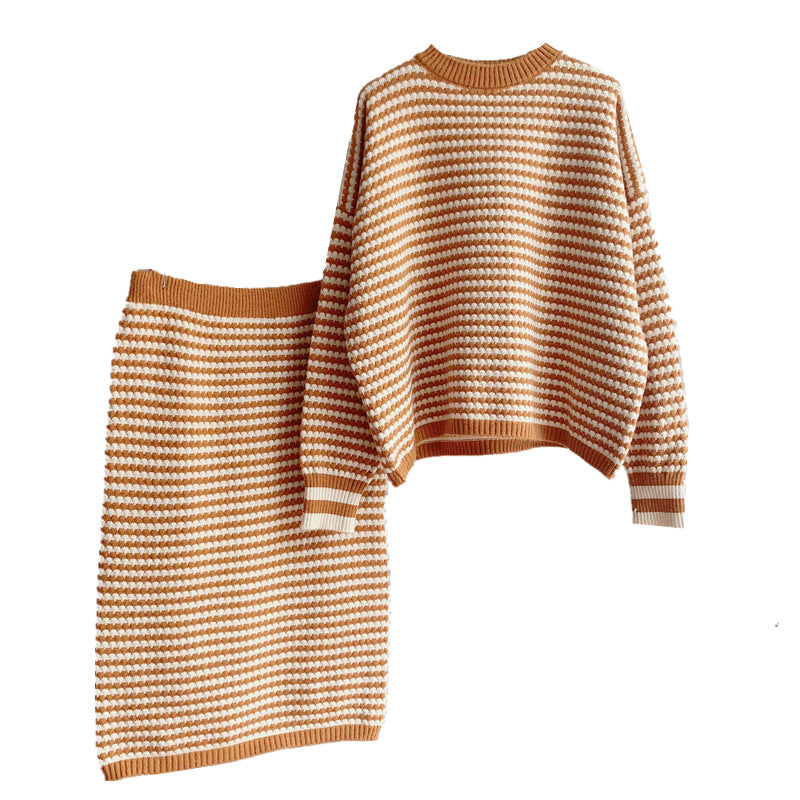 Retro Striped Knitted Skirt & Sweater Two-Piece Set
