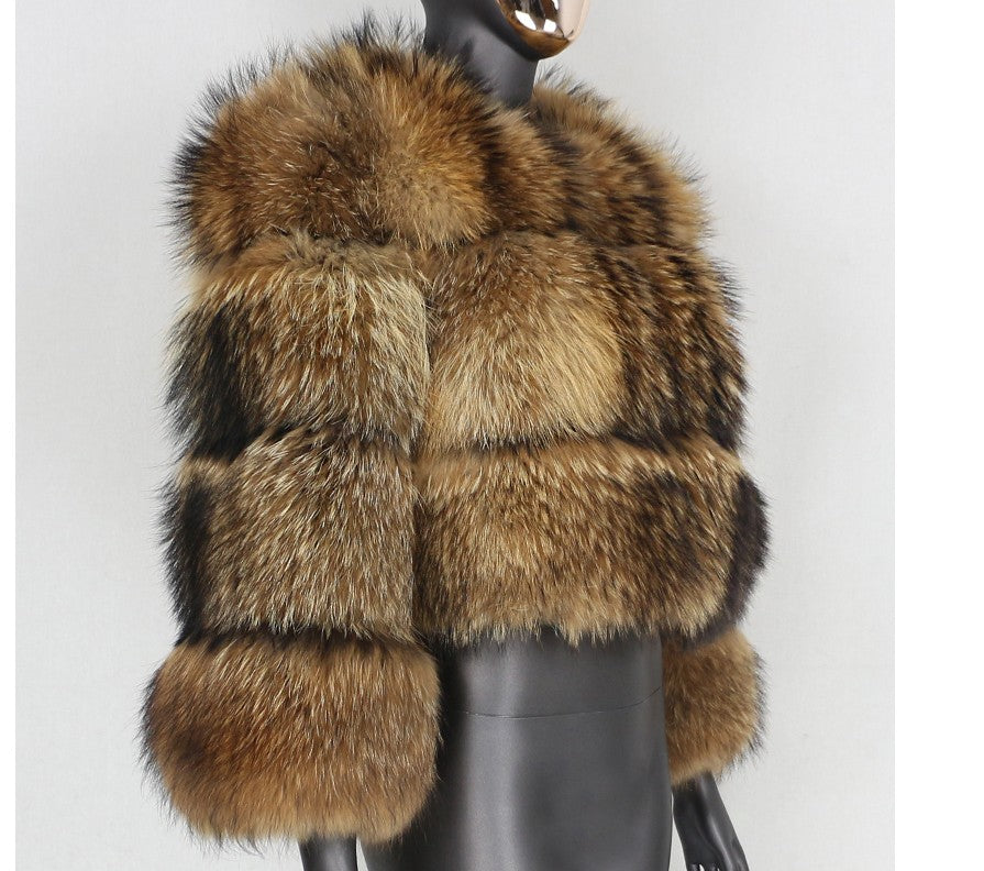 Raccoon Print Faux Fur Short-Stitching Long Sleeves Coat