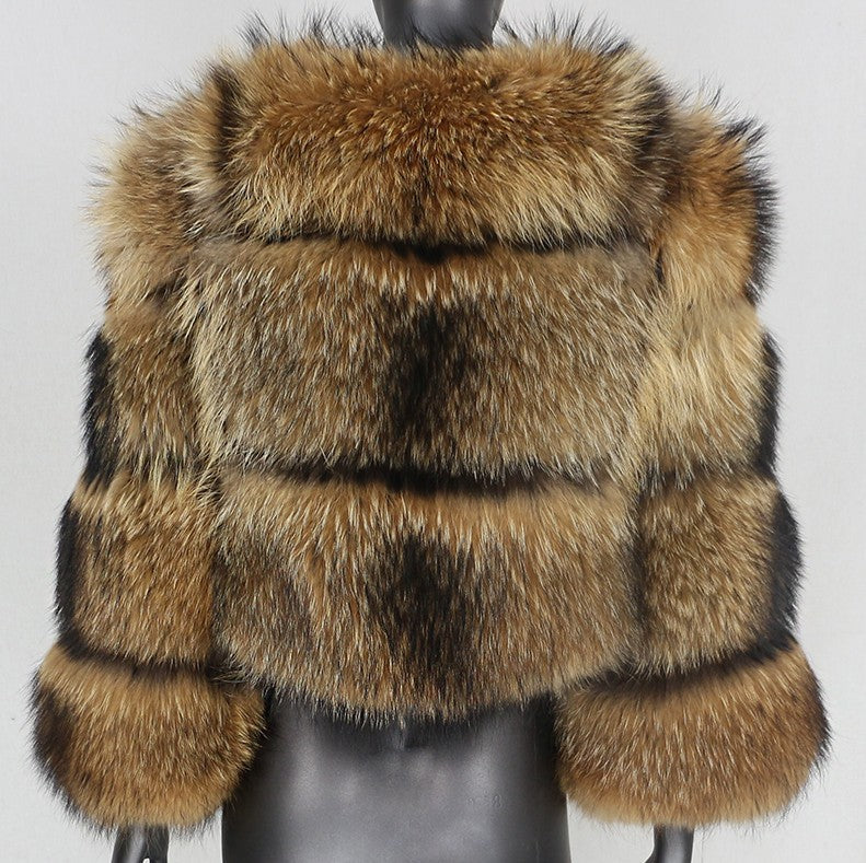 Raccoon Print Faux Fur Short-Stitching Long Sleeves Coat