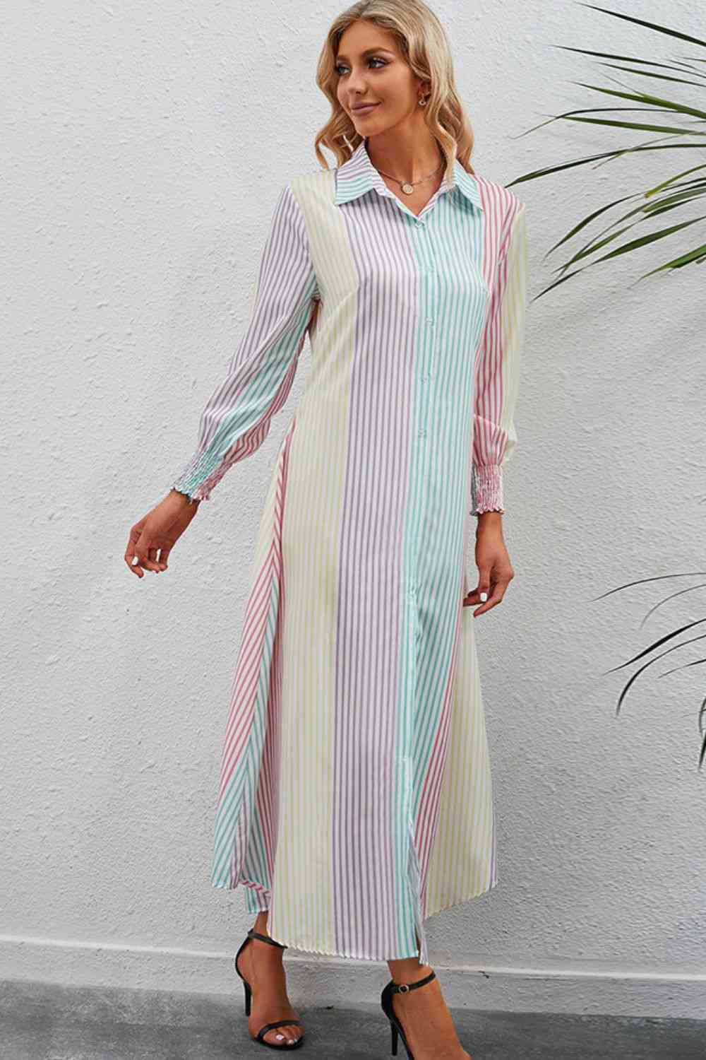 Striped Button-Up Maxi Shirt Dress (7515564998744)
