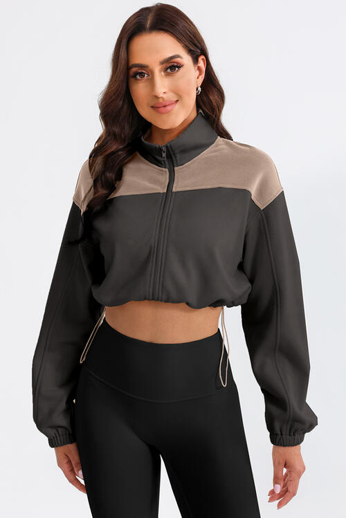 With Drawstrings - Contrast Drawstring Zip-Up Jacket (7484295970904)