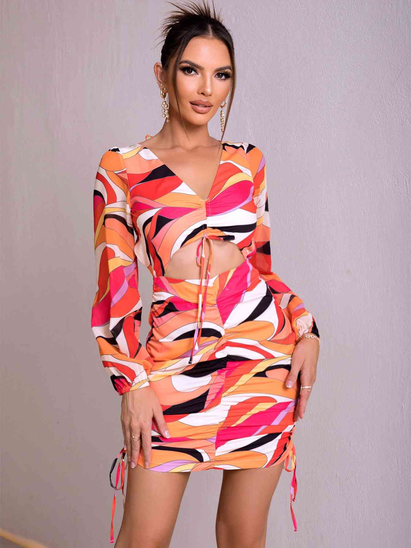 Printed Open Back Cut-Out Drawstrings Mini Dress (7516406186072)