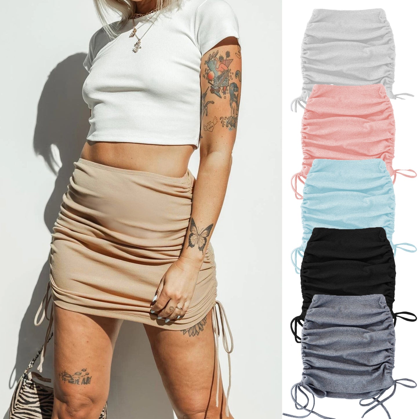 Threaded Side Drawstrings Elastic Pleated Skirt