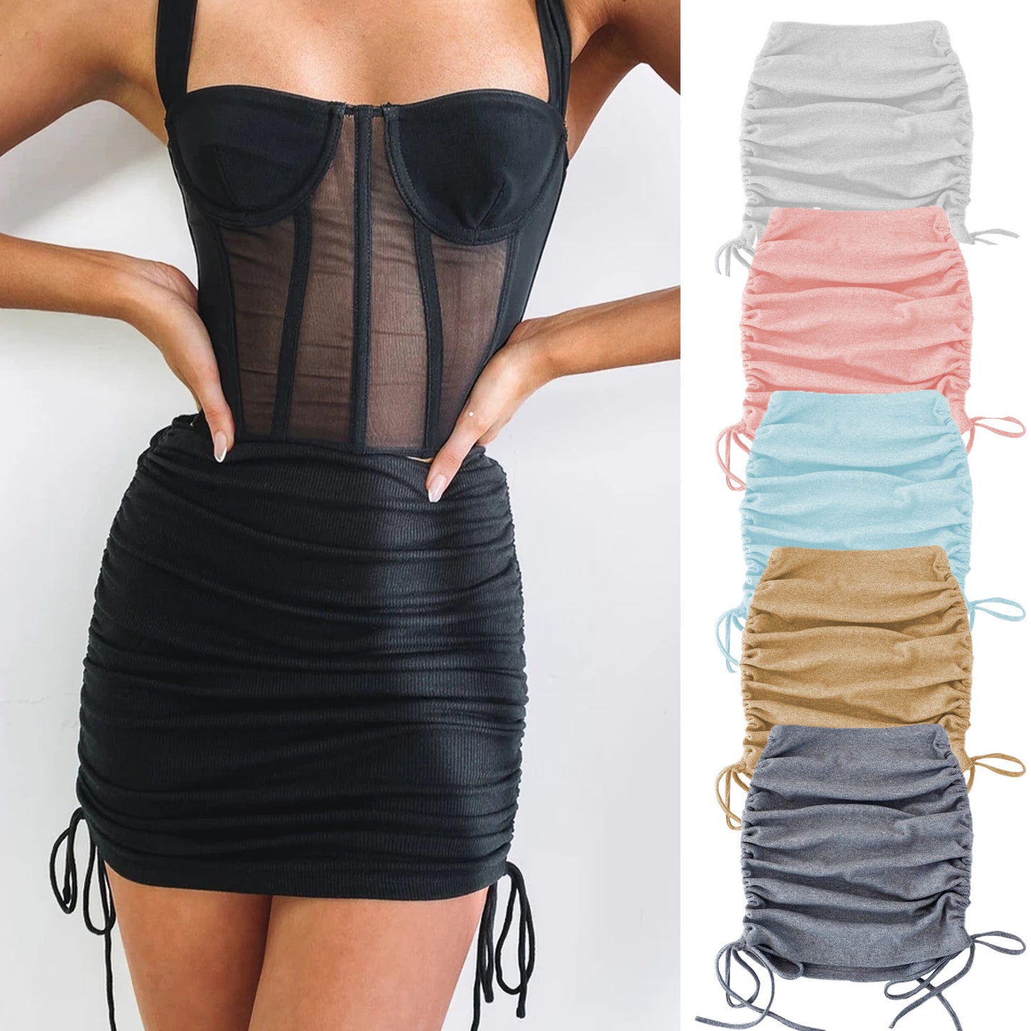 Threaded Side Drawstrings Elastic Pleated Skirt