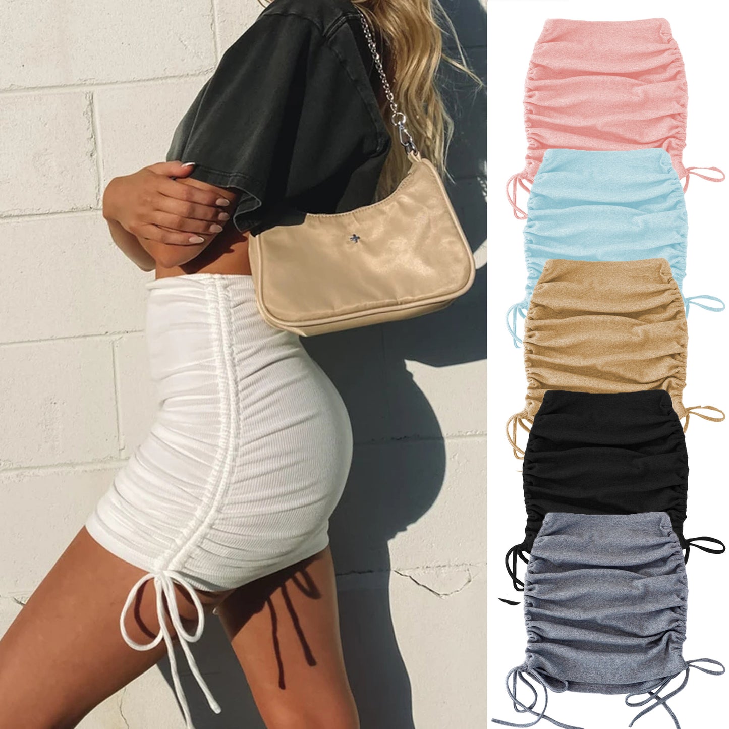 Threaded Side Drawstrings Elastic Pleated Skirt