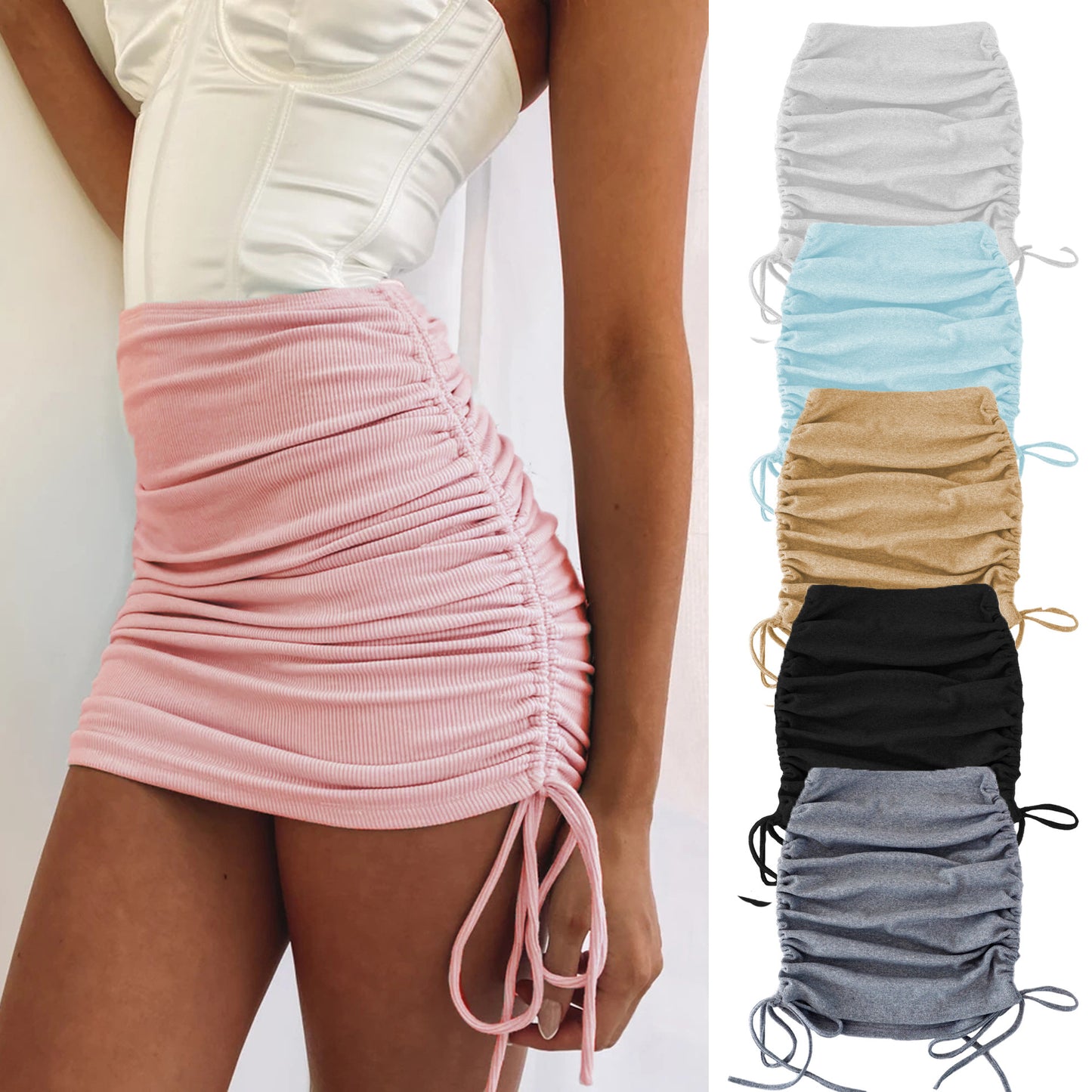 Threaded Side Drawstrings Elastic Pleated Skirt