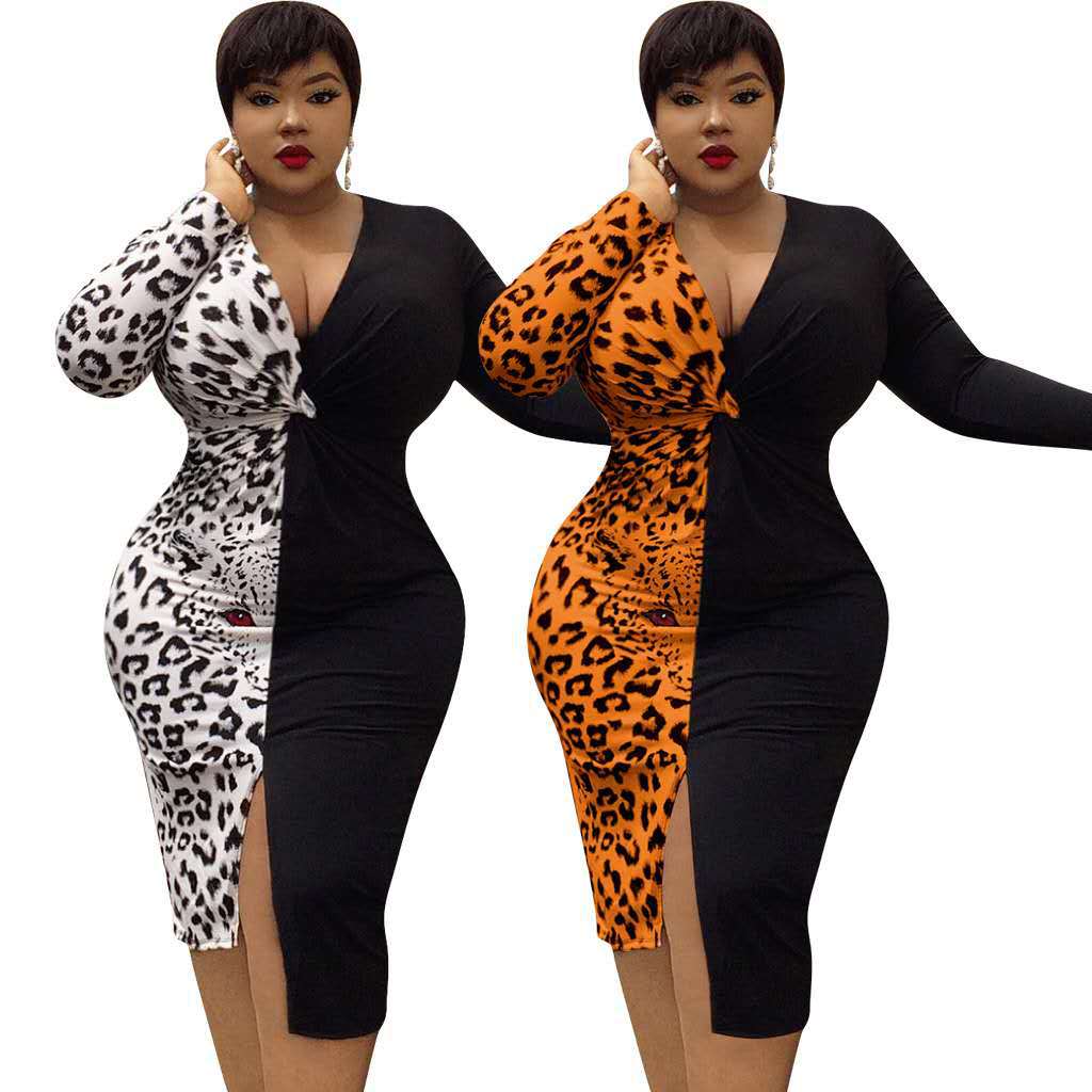 Plus-Size Long Sleeves Leopard Stitching Dress