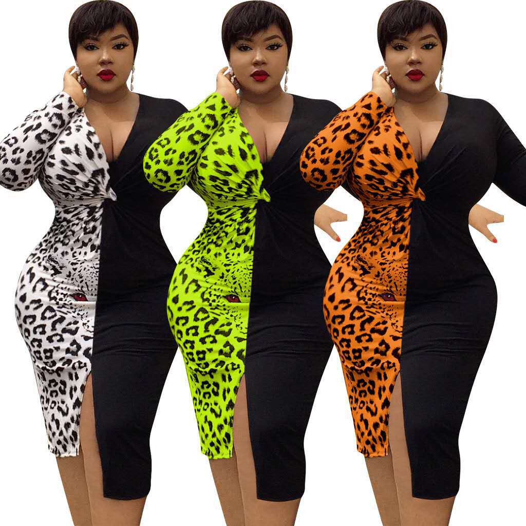 Plus-Size Long Sleeves Leopard Stitching Dress