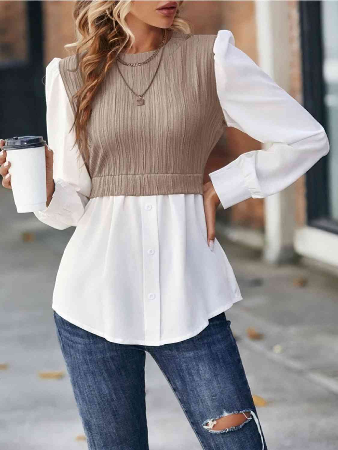 Blouse Like That - Contrast Round Neck Puff Sleeve Blouse (7501314064472)