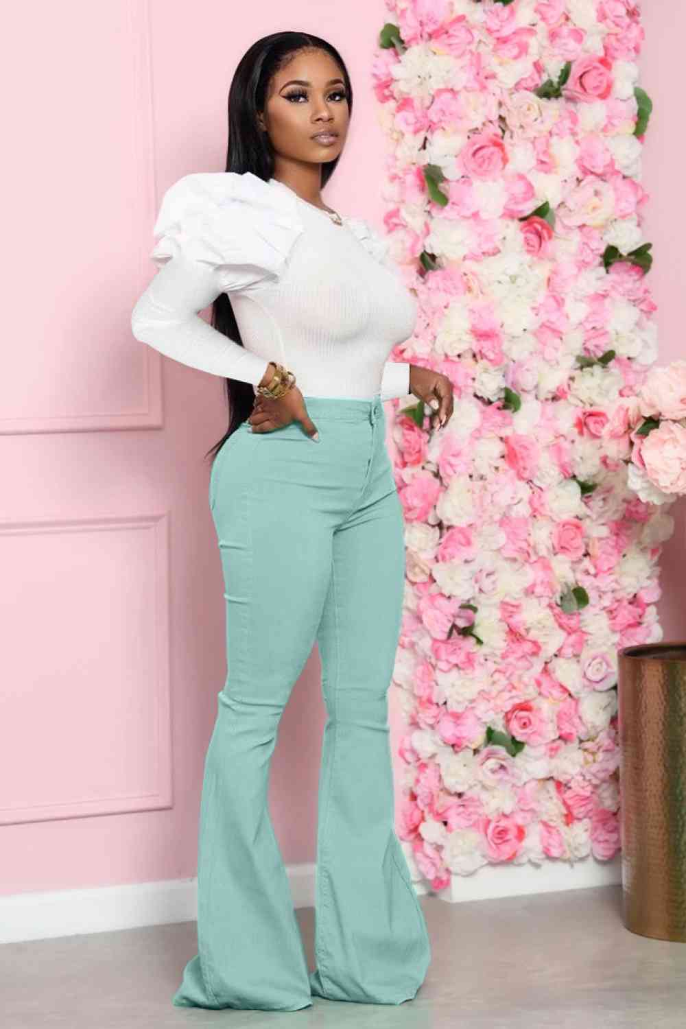 Leg-Of-Mutton - Sleeve Top and Flare Pants Set (7484247179352)