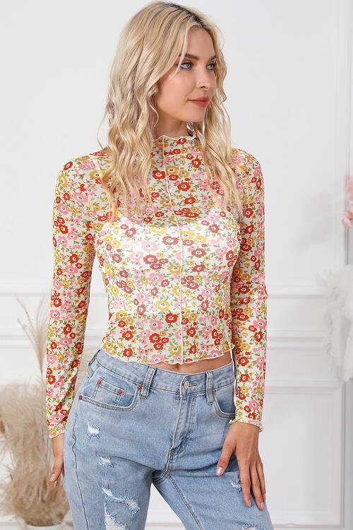 Sheer Floral - Floral Mock Neck Long Sleeve Blouse (7501315932248)