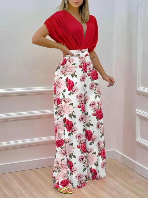 Printed Surplice Top & Wide Leg Pants Set (7484243705944)