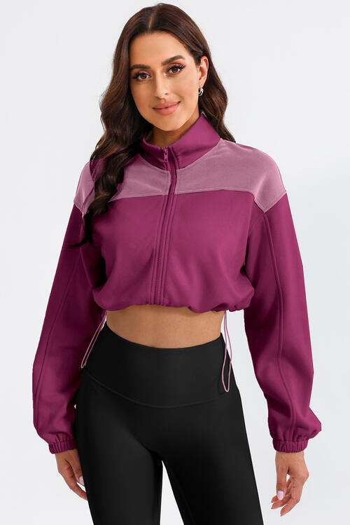 With Drawstrings - Contrast Drawstring Zip-Up Jacket (7484295970904)