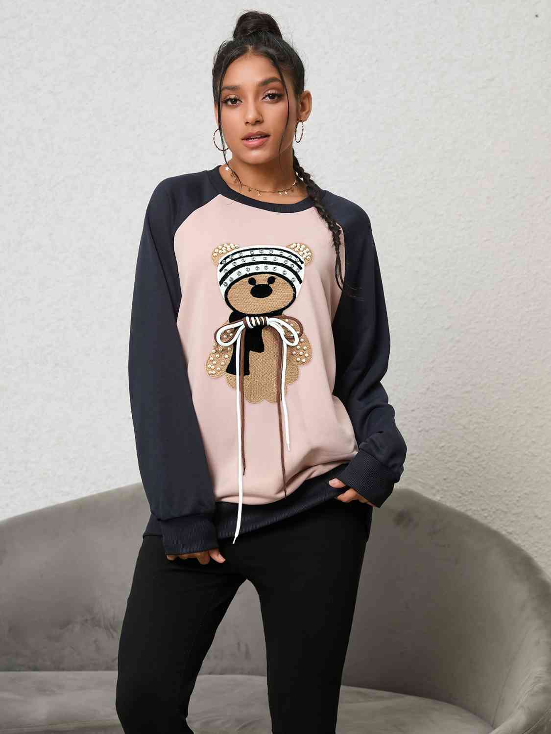 Teddy Shine - Bear Graphic Raglan Sleeve Sweatshirt (7484665626712)