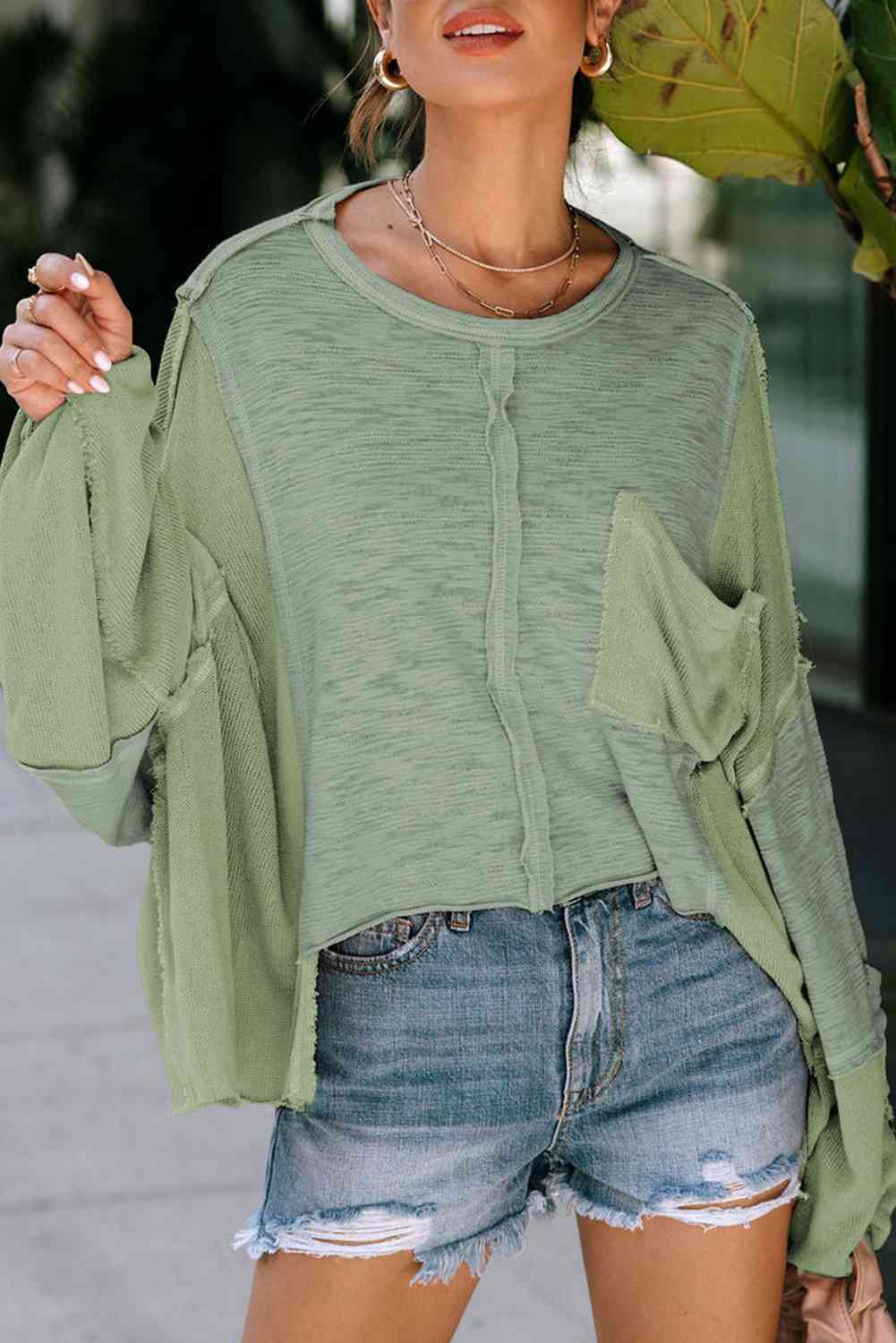 Kind-a Blouse - Exposed Seam Round Neck Top With Pocket (7501317308504)