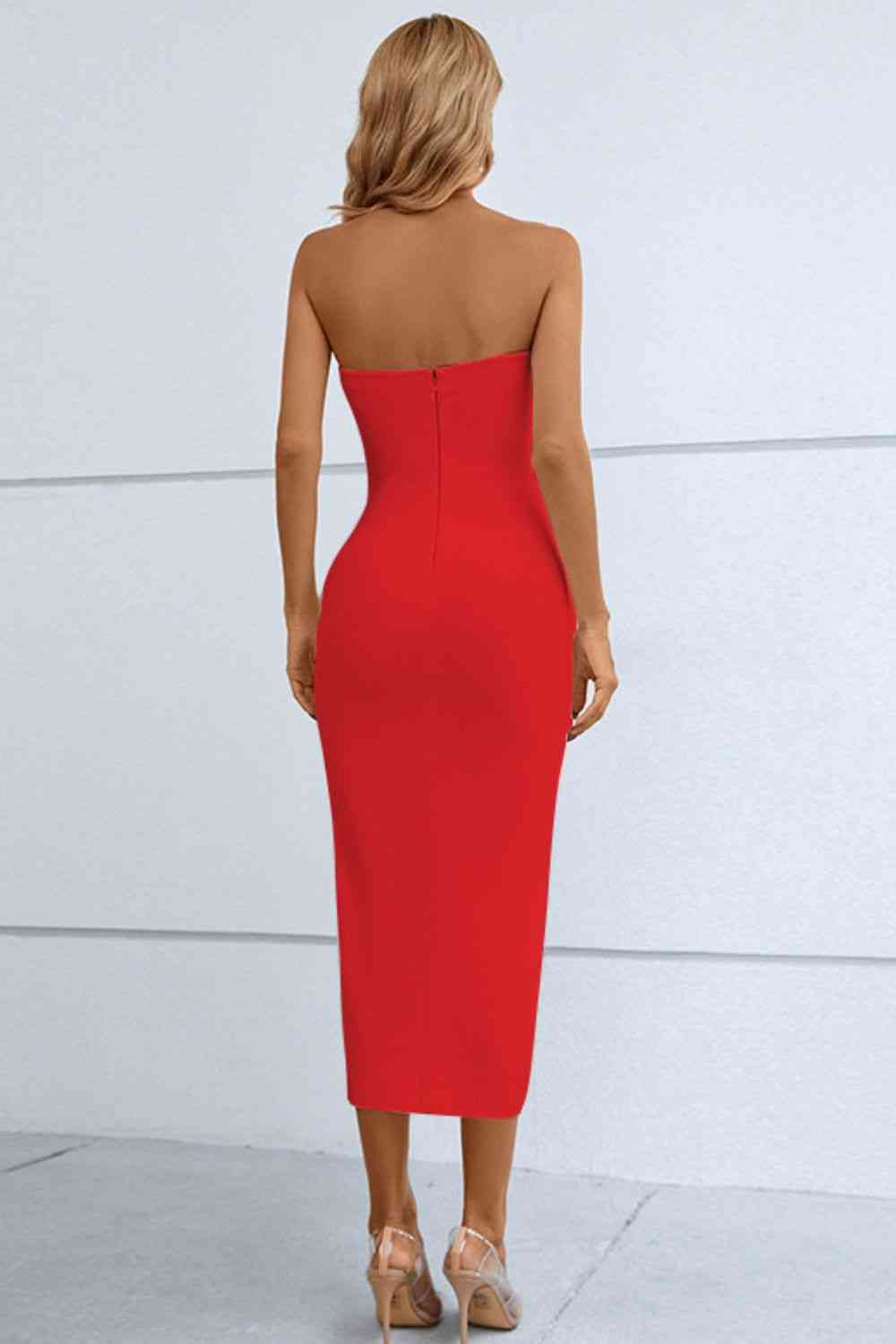 Drawstrings Detail - Cut-Out Strapless Drawstring Detail Split Bandage Dress (7516390752344)
