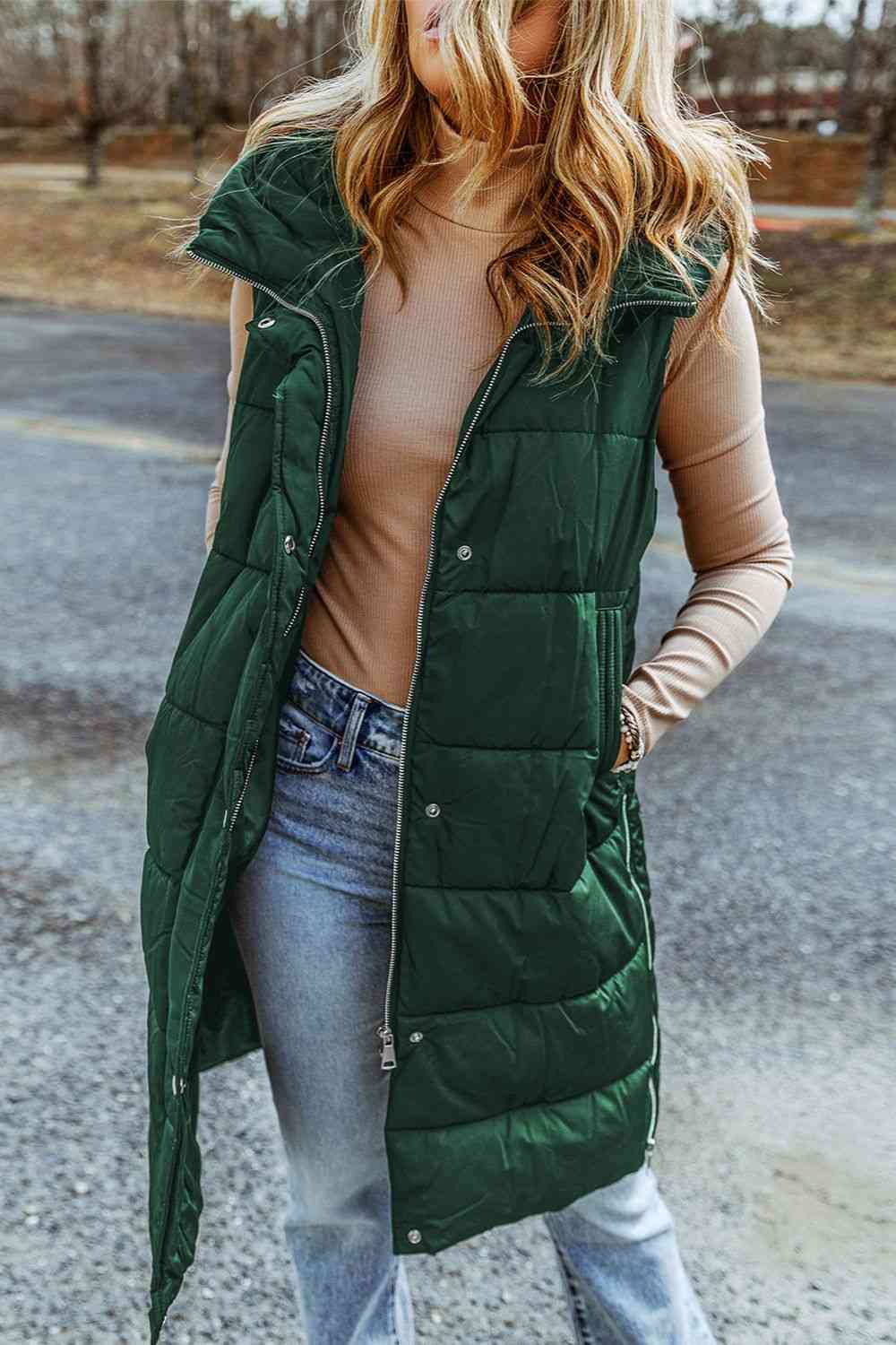 Longline Hooded Sleeveless Puffer Vest (7484291383384)