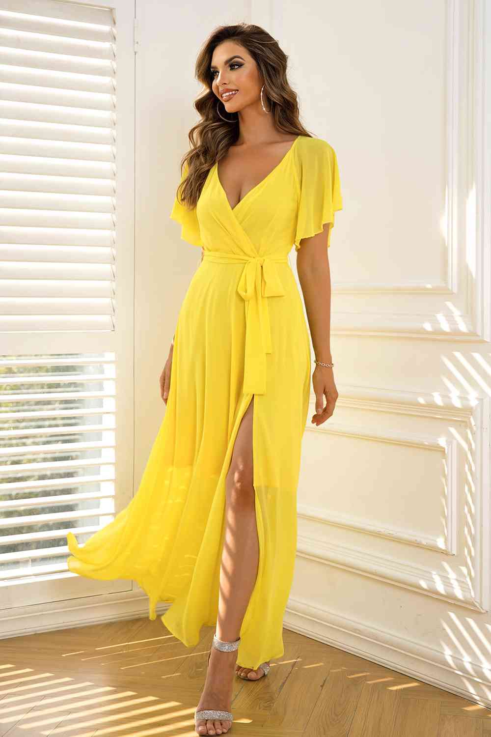Tie-Waist Flutter - Sleeve Maxi Dress (7515504672856)