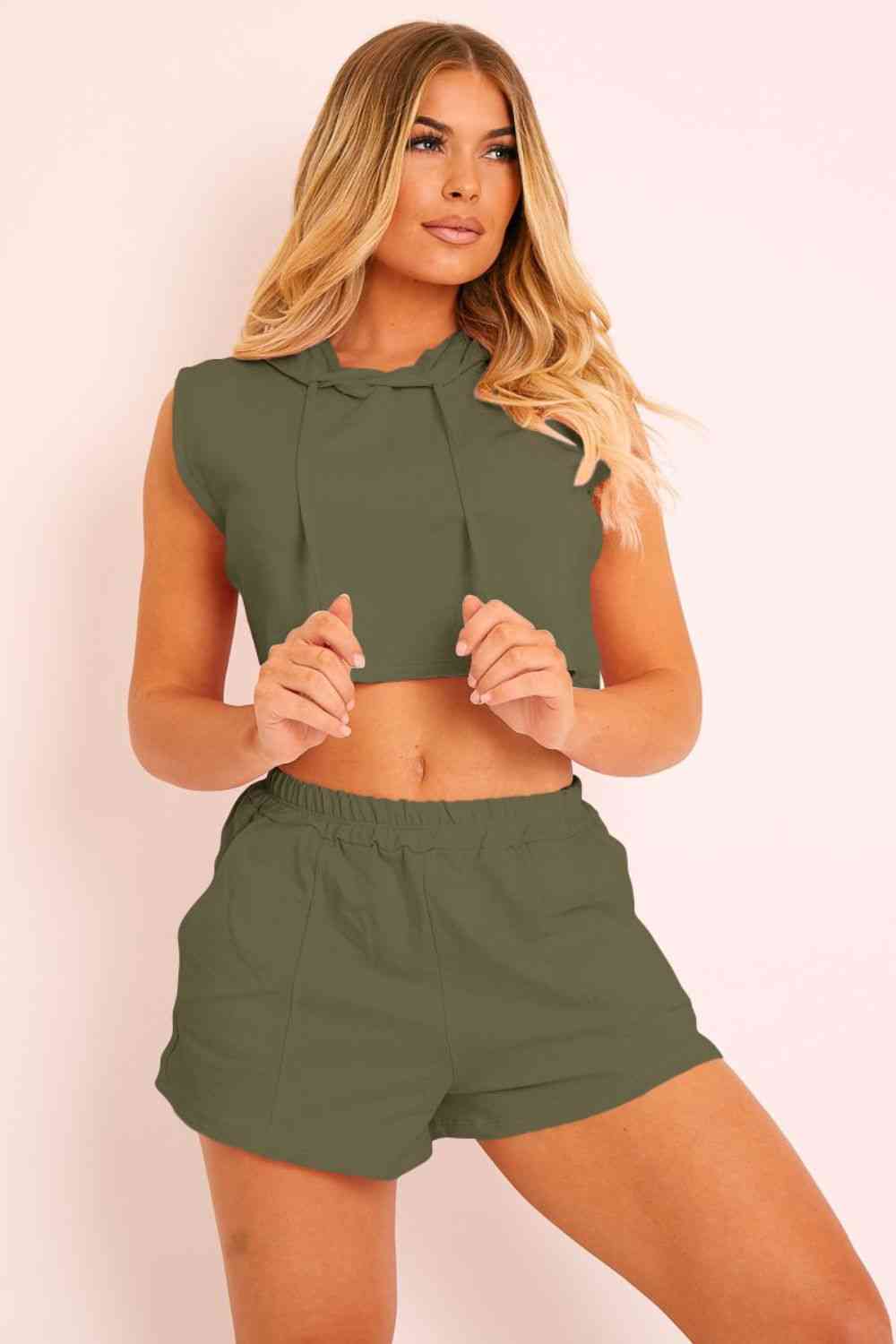 Feelin' Sporty - Hooded Crop Top & Pocketed Shorts Set (7501480034392)