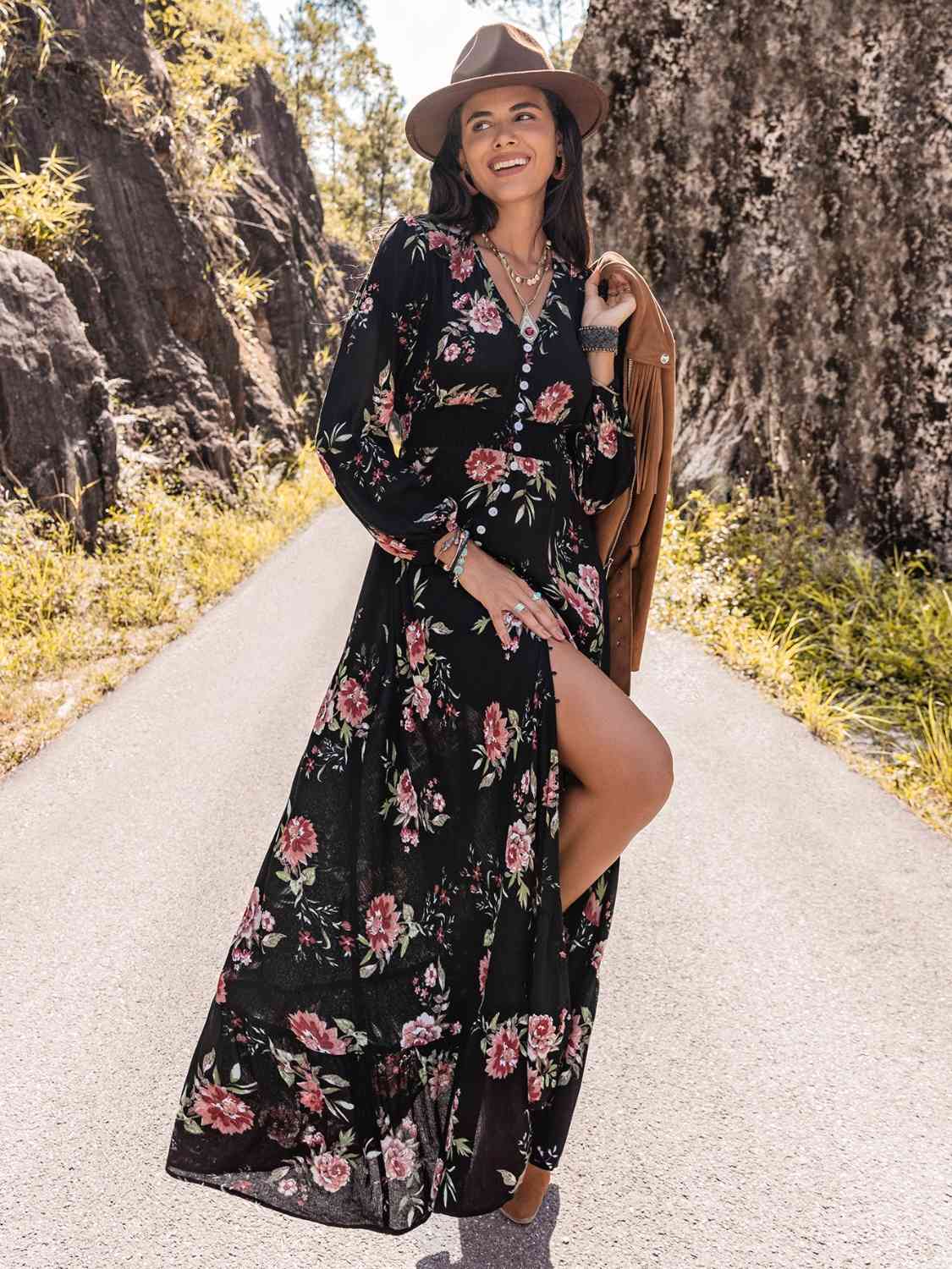 Floral V-Neck - Floral V-Neck Split Maxi Dress (7515529412696)