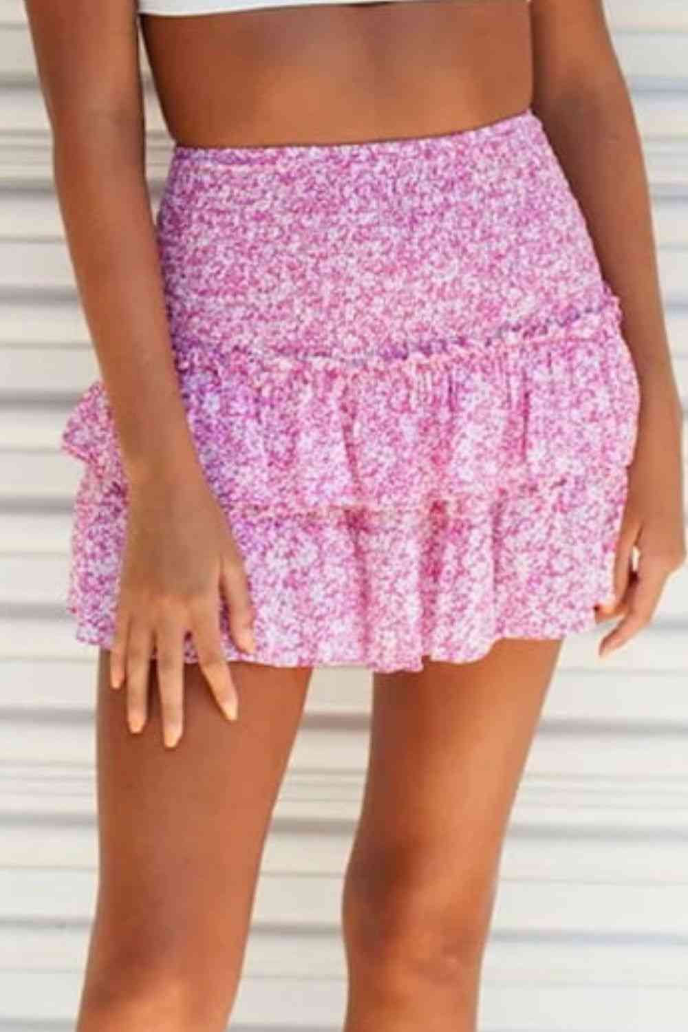 Printed Frill Trim Smocked Mini Skirt (7500878348376)