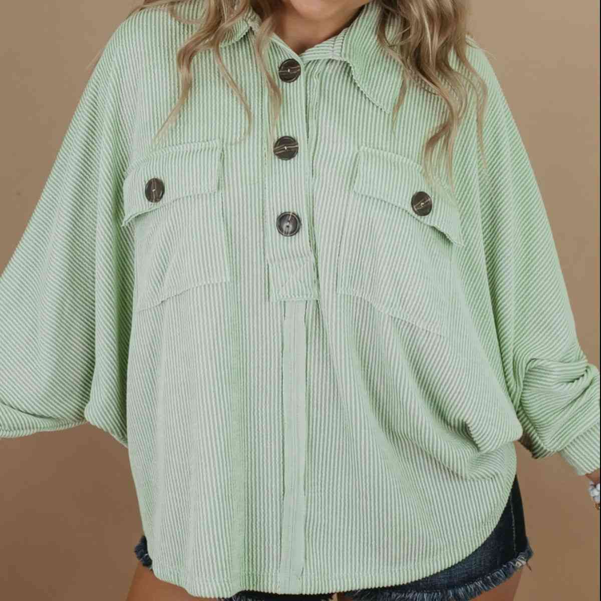 Plus-Size Collared Neck Half Button Top (7501319012440)