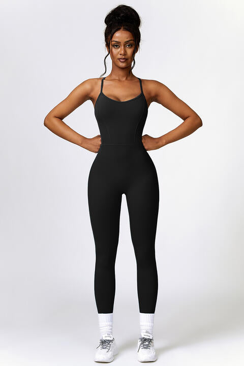 Spaghetti Strap Open-Back Sports Romper Jumpsuit (7484686925912)