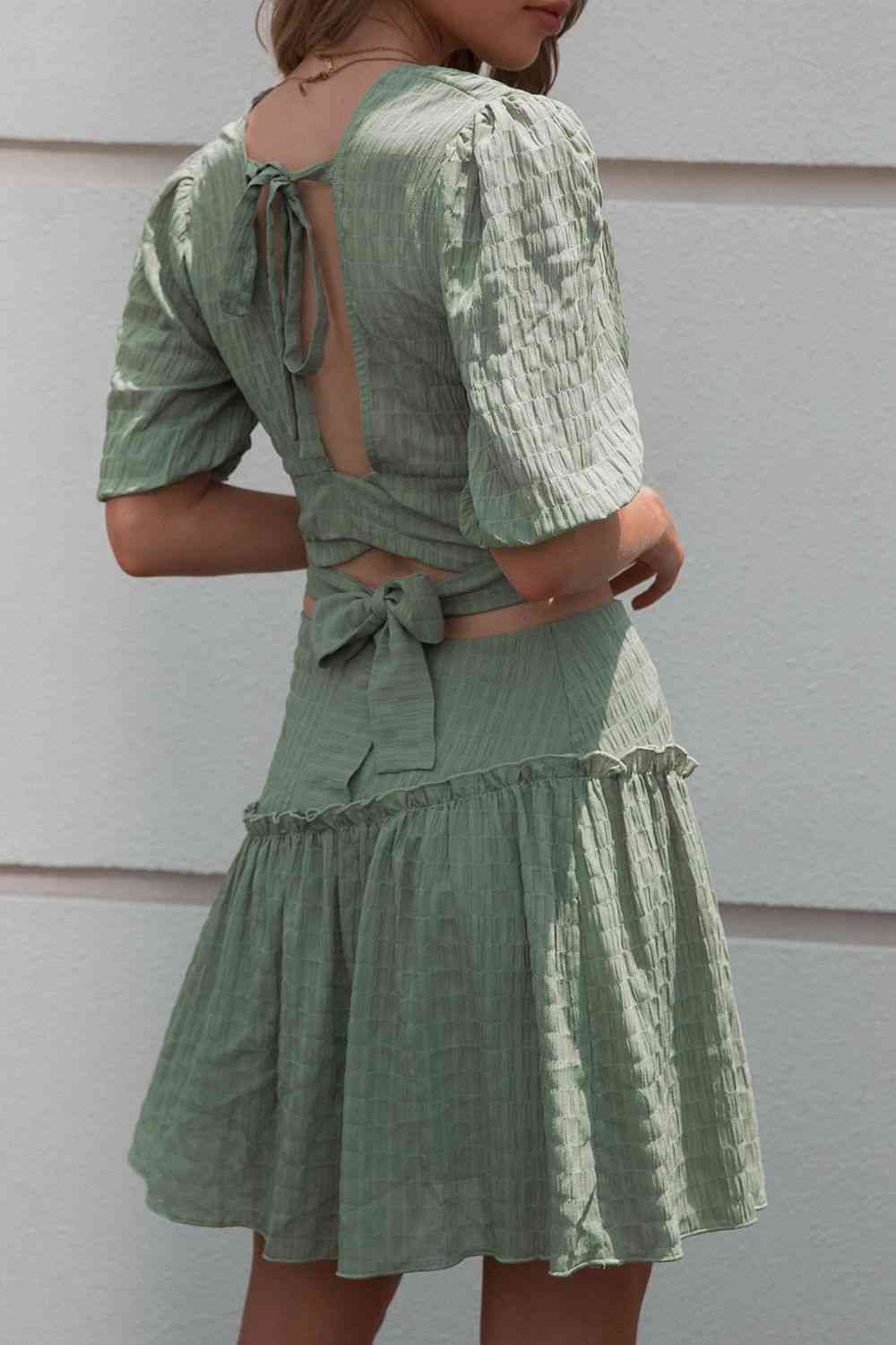 Surplice Neck Tie Back Top & Frill - Trim Skirt Set (7501439860824)