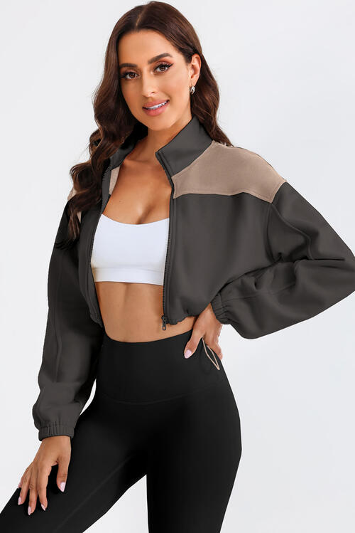 With Drawstrings - Contrast Drawstring Zip-Up Jacket (7484295970904)