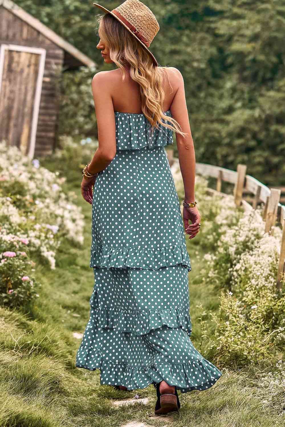 Polka Dot Strapless Slit Ruffled Maxi Dress (7515558805592)