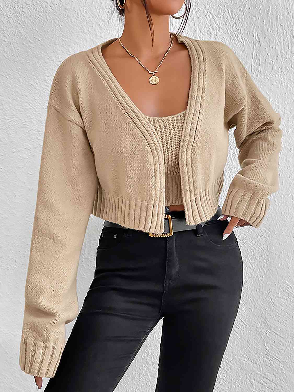 Plain Sweater Cami & Cardigan Set (7484242460760)