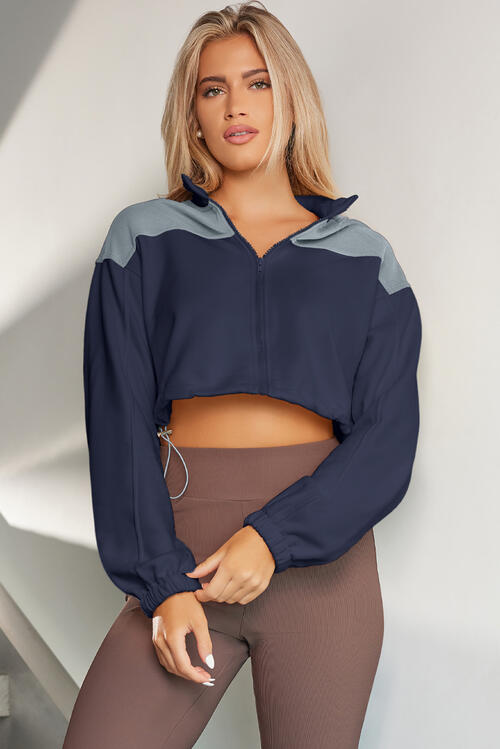 With Drawstrings - Contrast Drawstring Zip-Up Jacket (7484295970904)