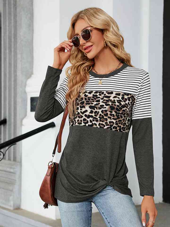 Leopardcheetahprint - Color Block Round Neck Long Sleeve Blouse (7501317439576)